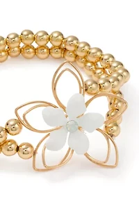 Gold Tone Beaded Stretch Flower Bracelet