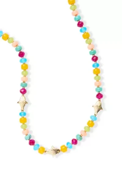 Gold Tone Fish Charm Station Beaded Necklace
