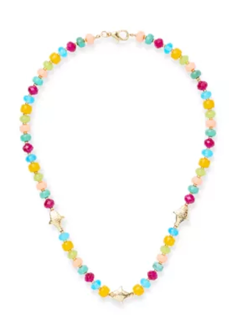 Gold Tone Fish Charm Station Beaded Necklace