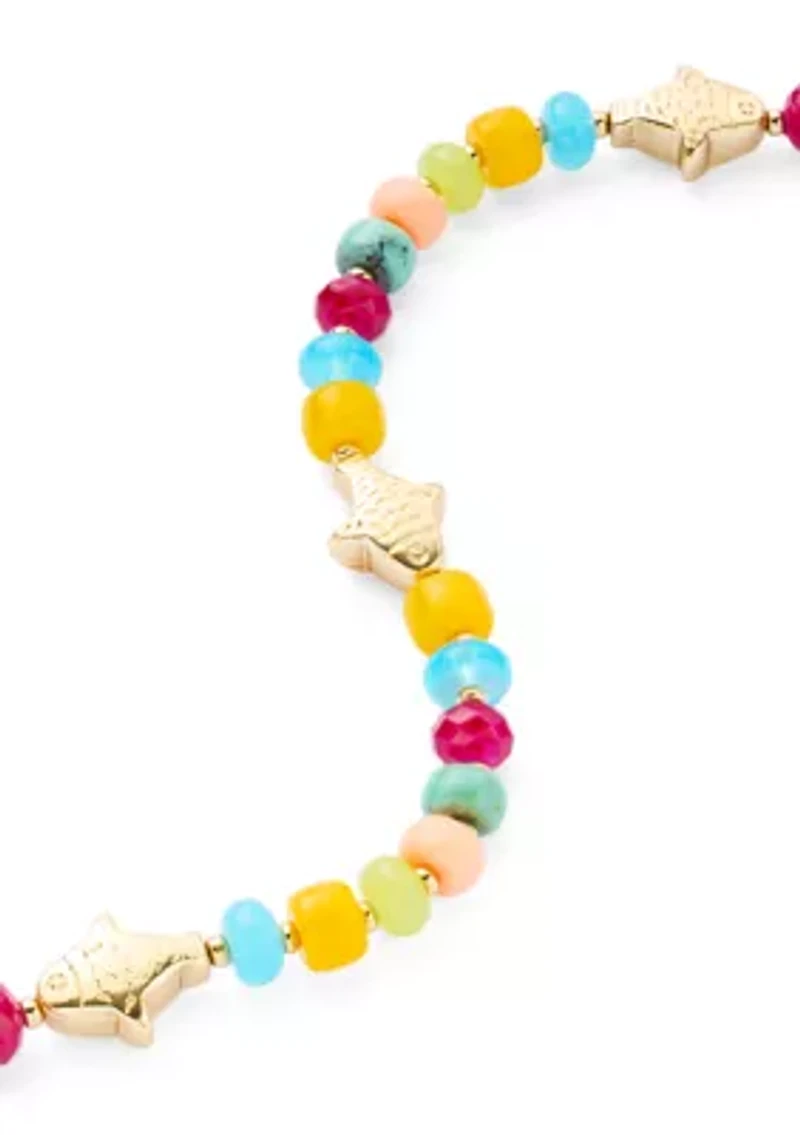 Gold Tone Fish Charm Station Beaded Necklace