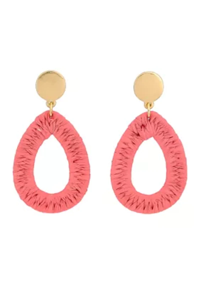 Coral Raffia Wrapped Open Teardrop Earrings