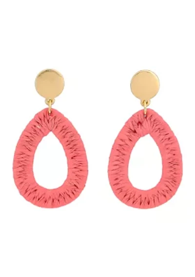 Coral Raffia Wrapped Open Teardrop Earrings