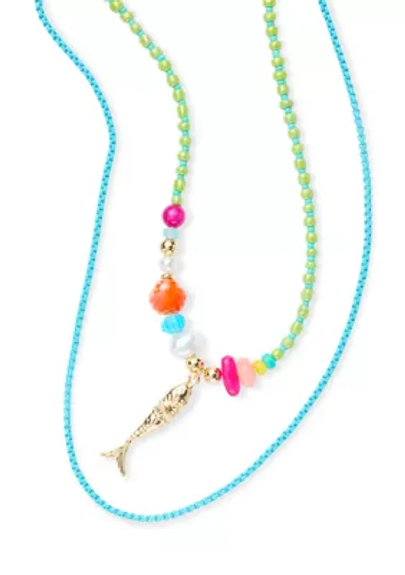 Multi Row Beaded Fish Pendant Necklace