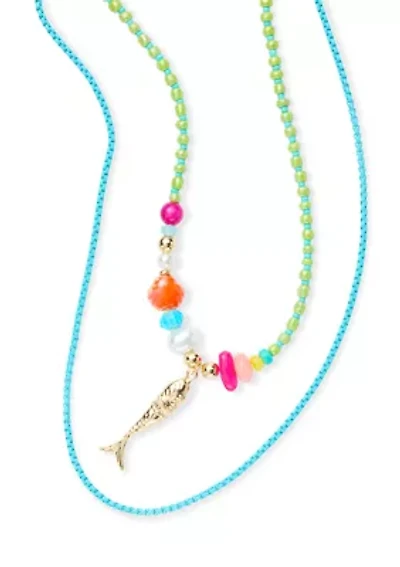Multi Row Beaded Fish Pendant Necklace