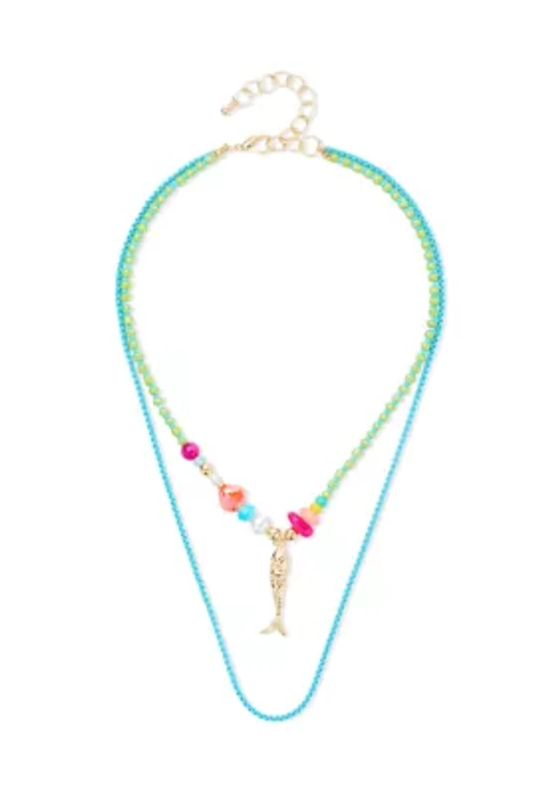 Multi Row Beaded Fish Pendant Necklace
