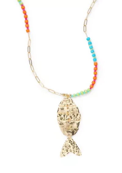 Long Fish Pendant Beaded Necklace
