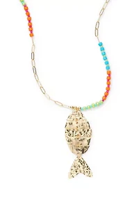 Long Fish Pendant Beaded Necklace