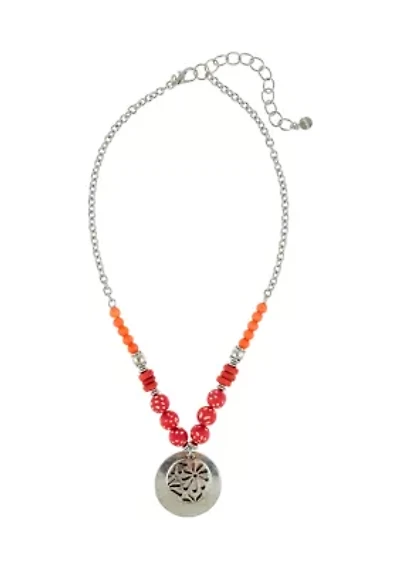 Silver Tone 18'' Short Metal Overlay Disc Overlay Pendant on Chain Necklace with Coral Beads 