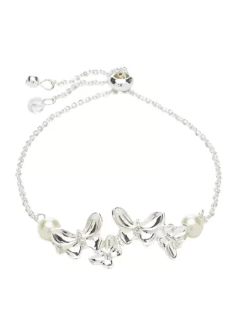 Silver Tone Pearl Crystal Butterfly Slider Bracelet