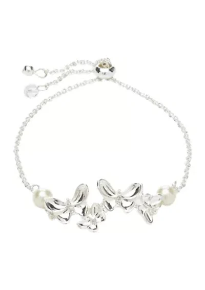 Silver Tone Pearl Crystal Butterfly Slider Bracelet