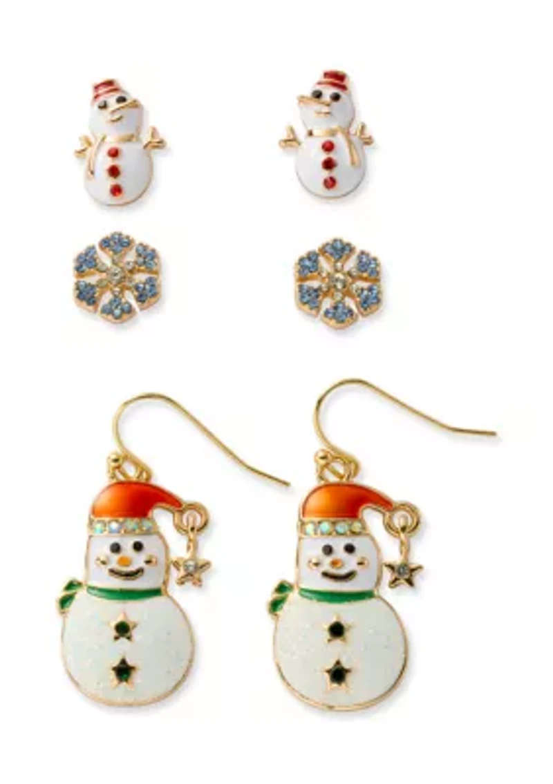 Gold Tone Snowman Trio Earrings Set
