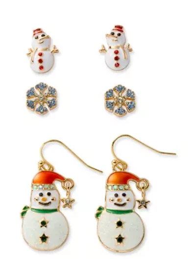 Gold Tone Snowman Trio Earrings Set