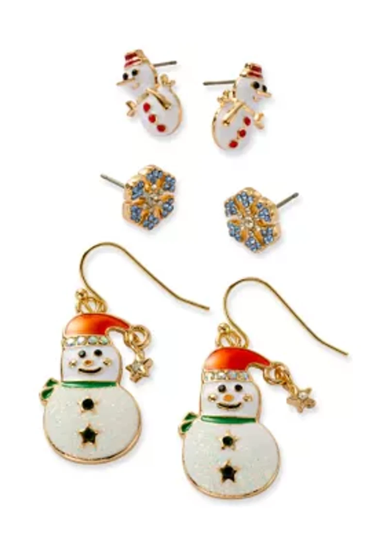 Gold Tone Snowman Trio Earrings Set