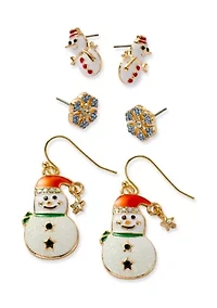 Gold Tone Snowman Trio Earrings Set