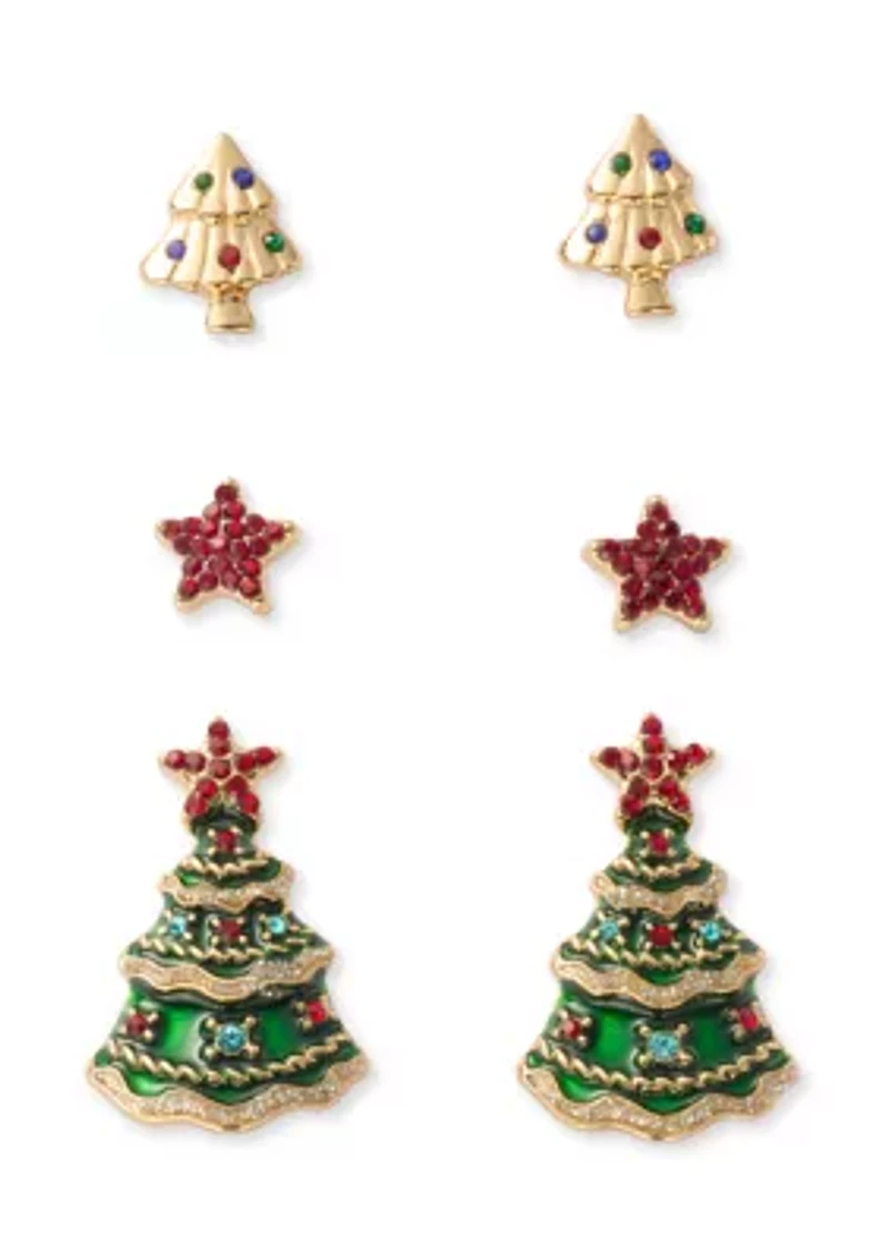 Gold Tone Christmas Tree Trio Earring Set
