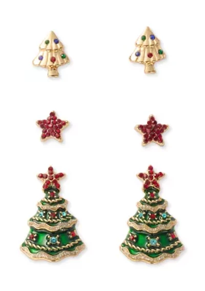 Gold Tone Christmas Tree Trio Earring Set