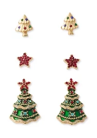 Gold Tone Christmas Tree Trio Earring Set