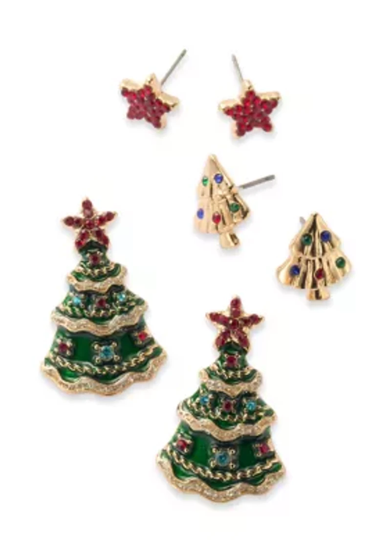 Gold Tone Christmas Tree Trio Earring Set
