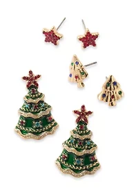 Gold Tone Christmas Tree Trio Earring Set