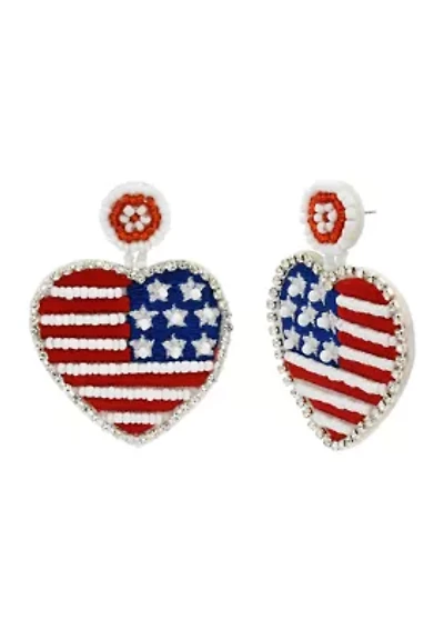 American Flag Heart Drop Beaded Earrings