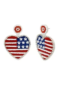 American Flag Heart Drop Beaded Earrings