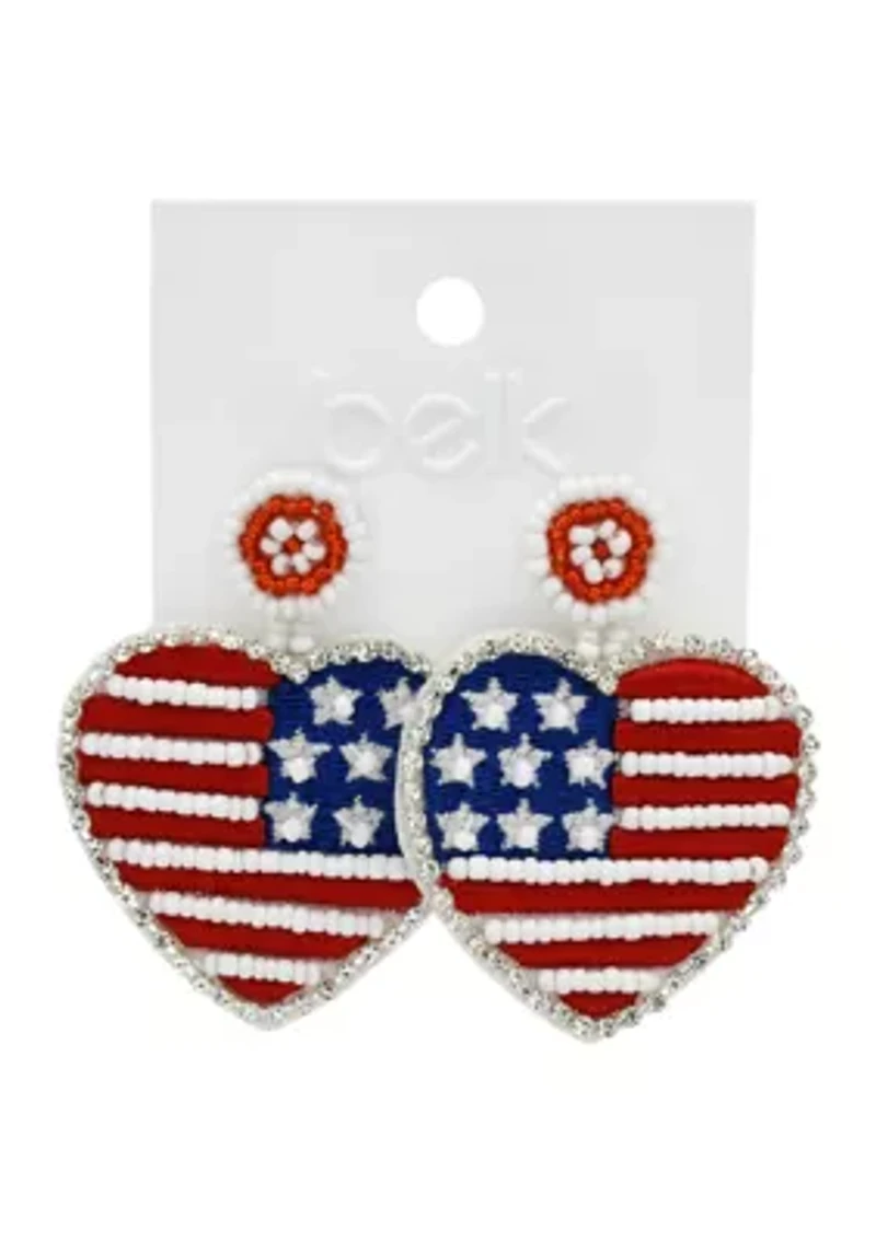 American Flag Heart Drop Beaded Earrings