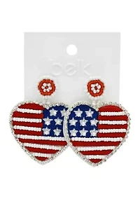 American Flag Heart Drop Beaded Earrings