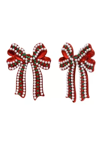 Red Bow Pearl Earrings