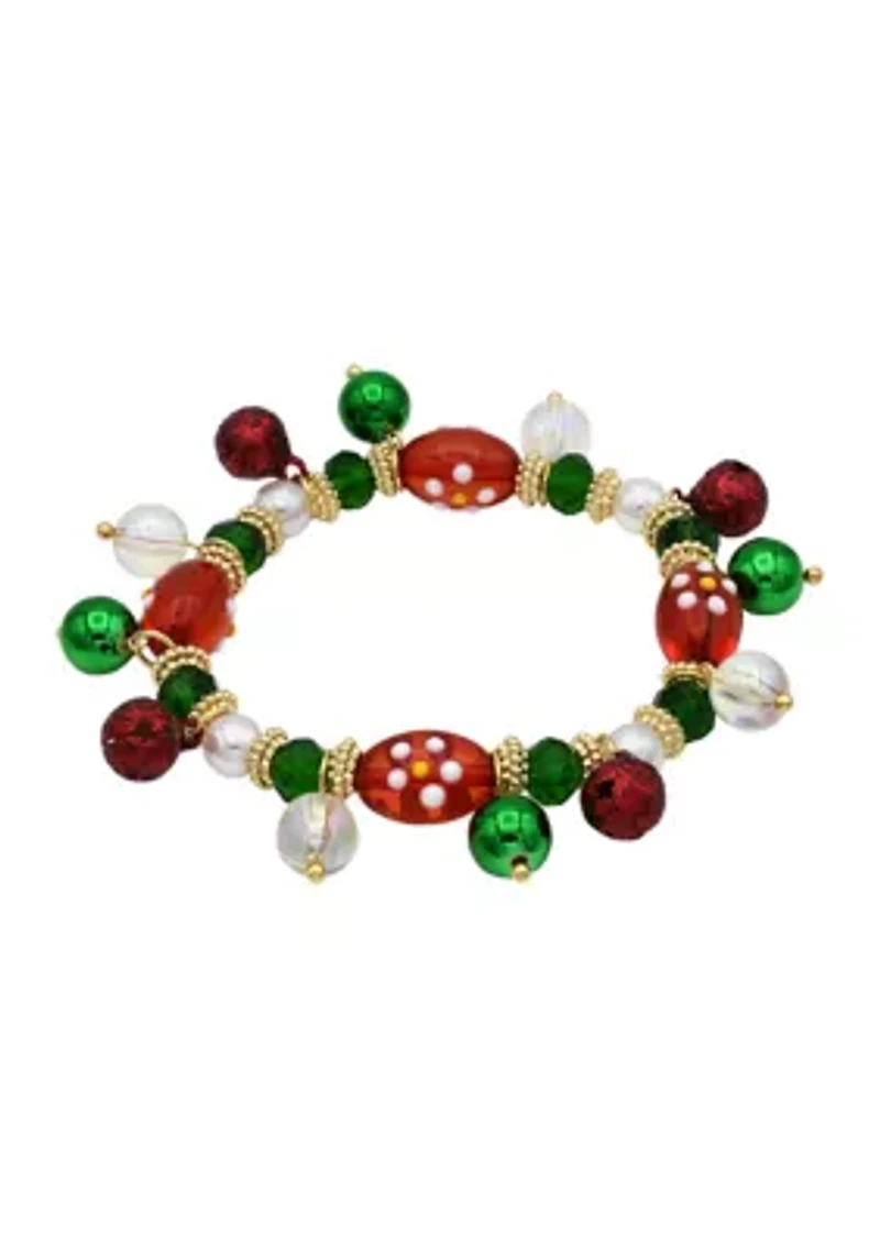 Gold Tone Red Green White Glass Bead Holiday Bracelet