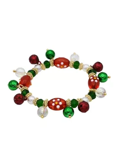 Gold Tone Red Green White Glass Bead Holiday Bracelet