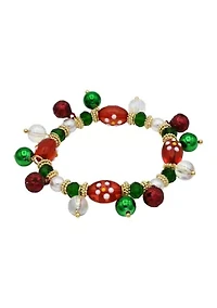 Gold Tone Red Green White Glass Bead Holiday Bracelet