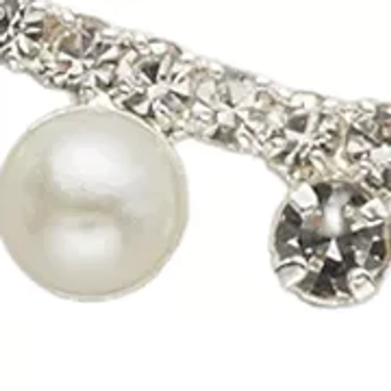 Silver Tone Pretty Pearl Crystal Curved Bar Necklace