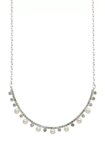 Silver Tone Pretty Pearl Crystal Curved Bar Necklace