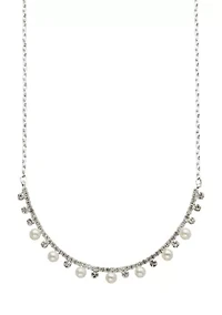 Silver Tone Pretty Pearl Crystal Curved Bar Necklace