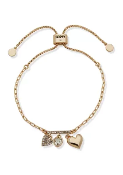 Gold Tone Crystal White Heart Charm Slider Bracelet 