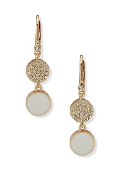 Gold Tone White Inlay Pave Double Drop Earrings