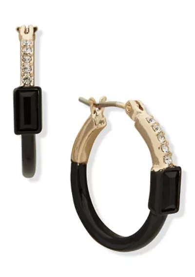 Gold Tone Jet 20 MM Half Enamel Pavé Hoop Earrings