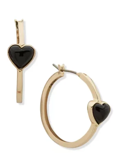 Gold Tone Jet Heart Hoop Earrings
