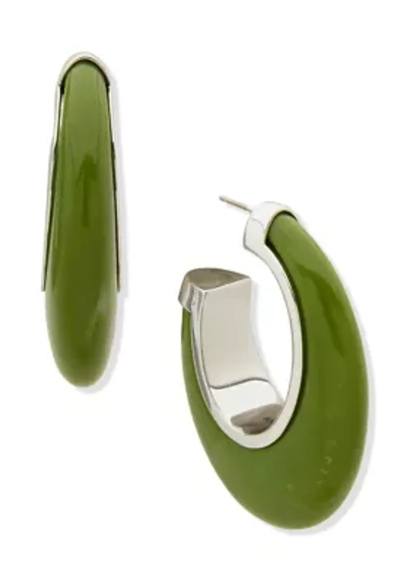Silver Tone Green Resin C Hoop Earrings