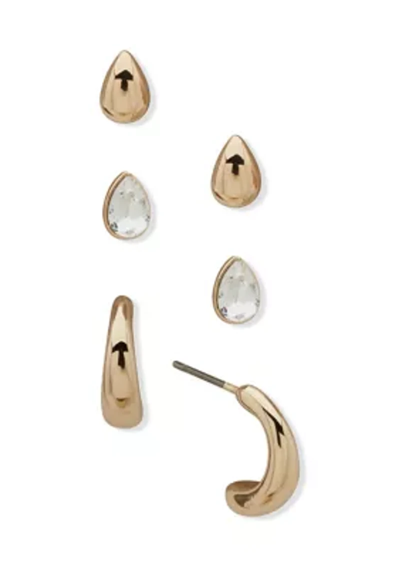Pear Stone Stud Hoop Trio Earrings