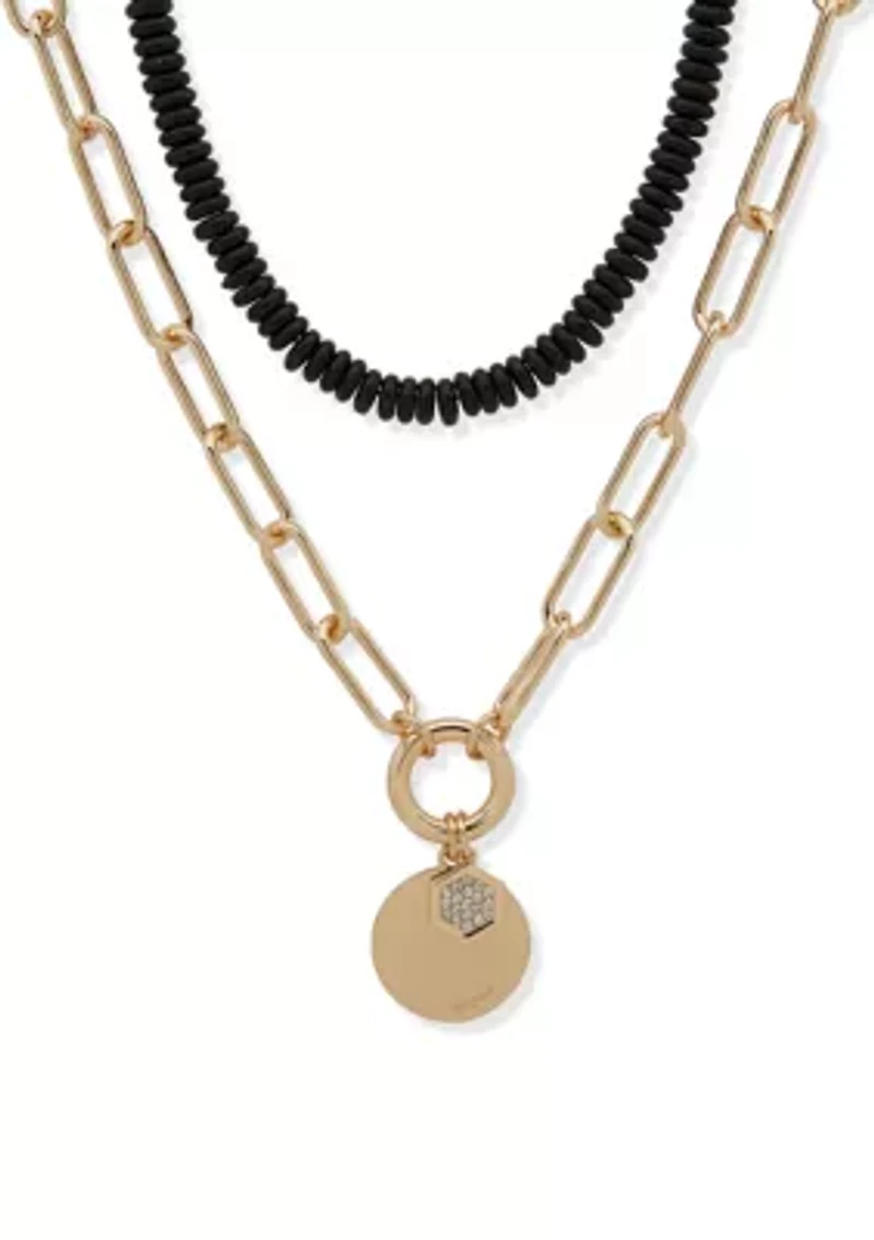 Gold Tone Jet 2 Row Bead Pendant Necklace