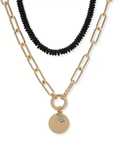 Gold Tone Jet 2 Row Bead Pendant Necklace