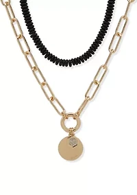 Gold Tone Jet 2 Row Bead Pendant Necklace