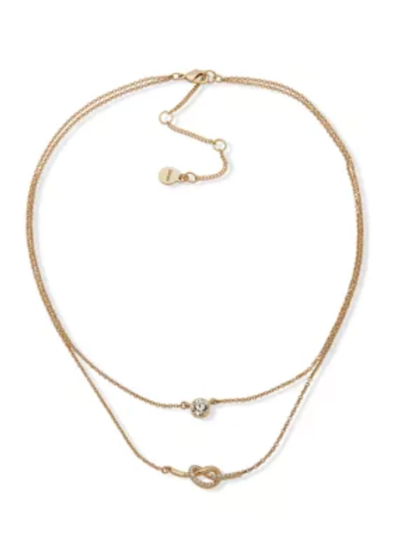 Gold Tone Crystal White 2 Row Pavé Knot Necklace