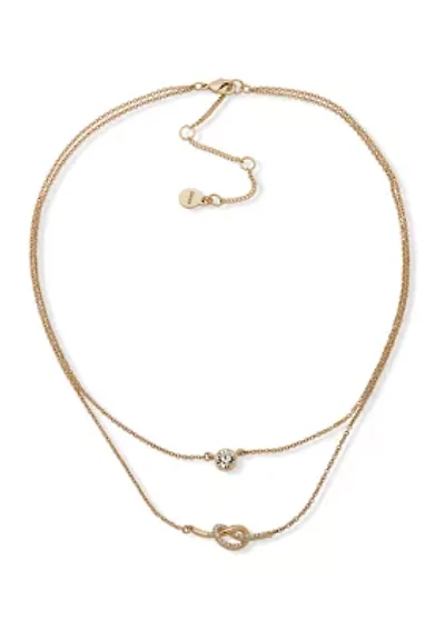 Gold Tone Crystal White 2 Row Pavé Knot Necklace