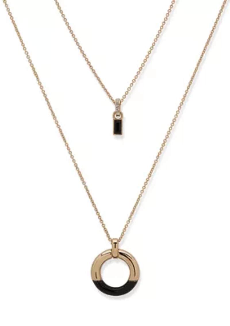 Gold Tone Jet 2 Row Ring Pendant Necklace