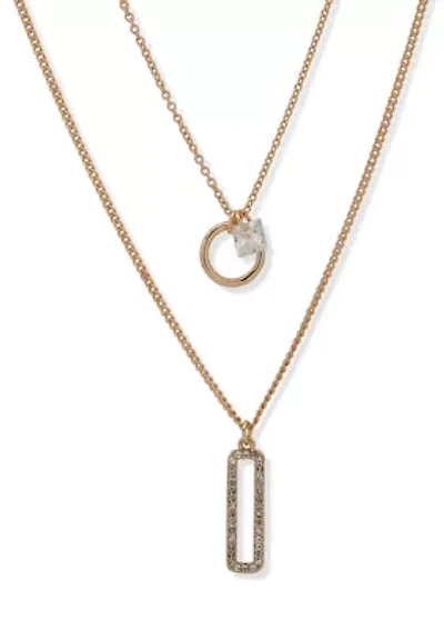 Pave Pendant Two Row Gold Tone Necklace