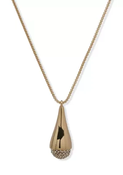 Long Pavé Pendant Gold Tone Necklace