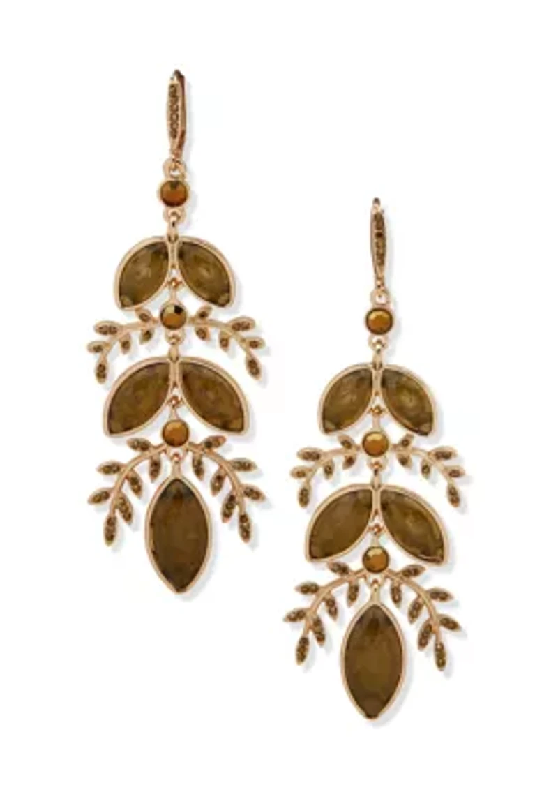 Gold Tone Green Stone Branch Linear Earrings