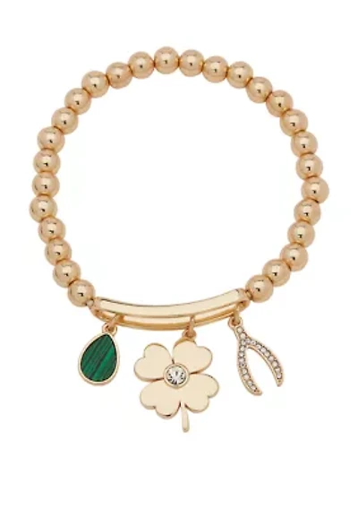 Gold Tone Green Beaded Luck Stretch Positive Vibes All Day Every Day Bracelet